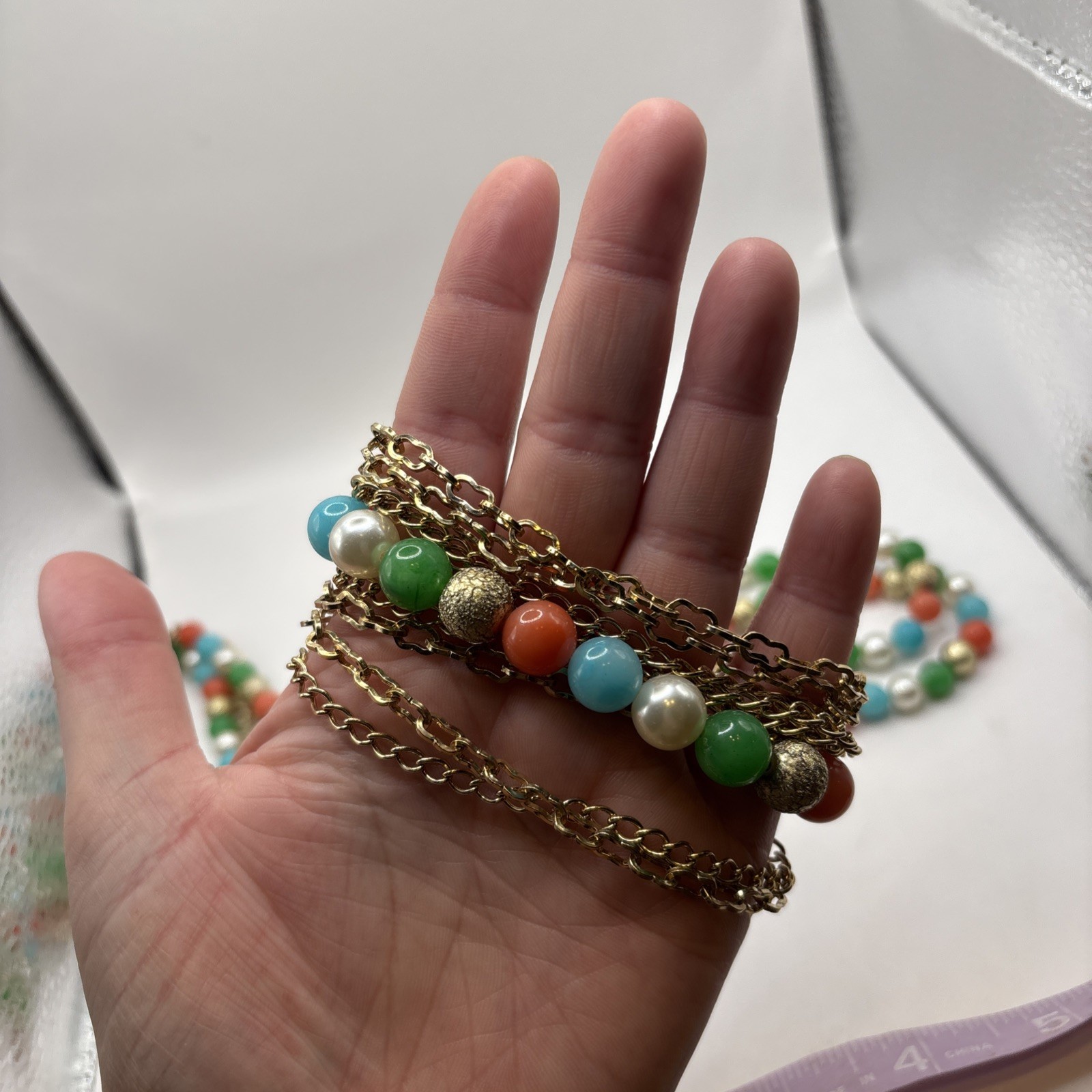 Vintage Gold Toned Multi Strand Necklace, Earring, Bracelet Set Multicolored