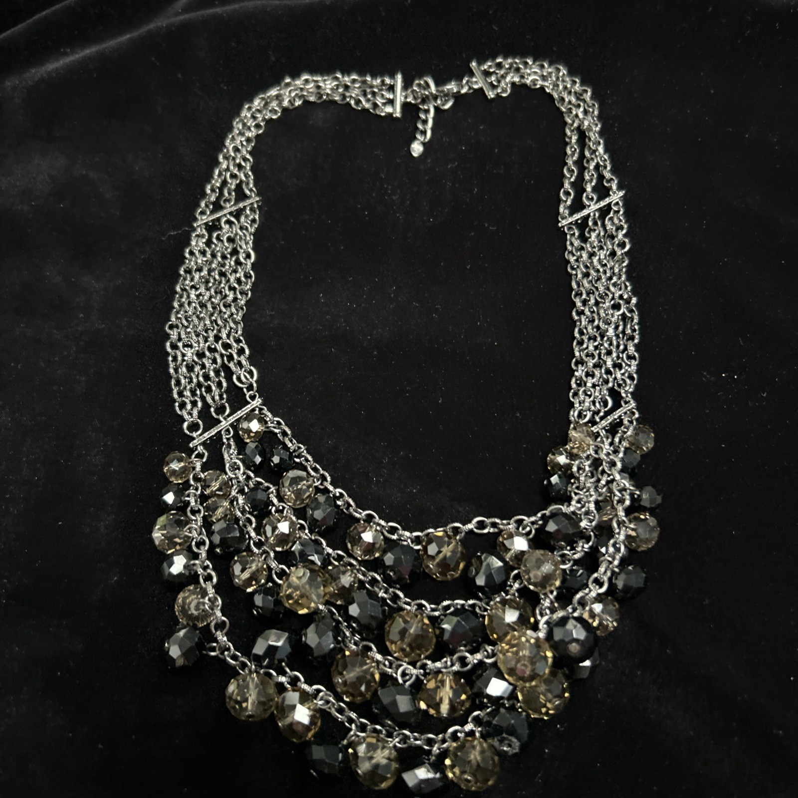 Designer NECKLACE Silver Toned 4 Strands Black/Clear Smokey Shiny Glass Beads