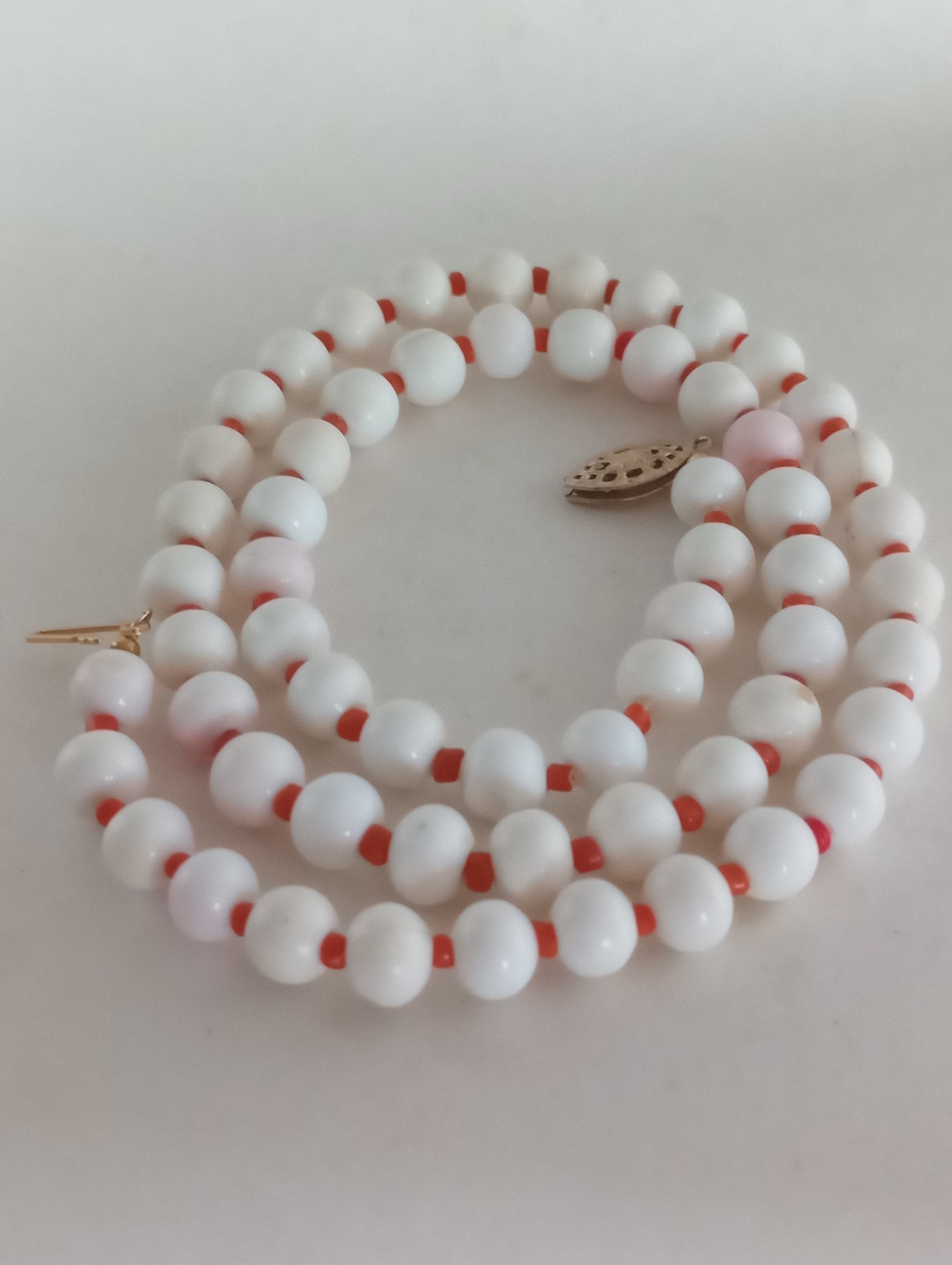Estate 14K/20 GF Conch Shell White Coral Red Coral Necklace Earrings 30G 18″Long
