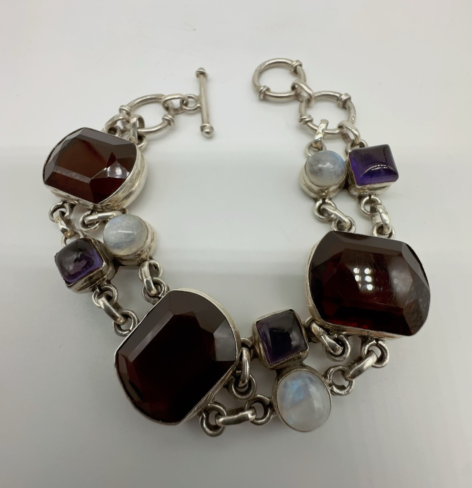 Sterling Silver Amethyst Moonstone & Glass Link Bracelet 37.1g #yes
