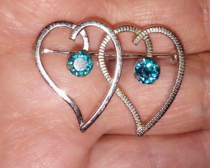 Vintage Van Dell Signed Sterling Silver Double Heart Brooch December Blue Zircon
