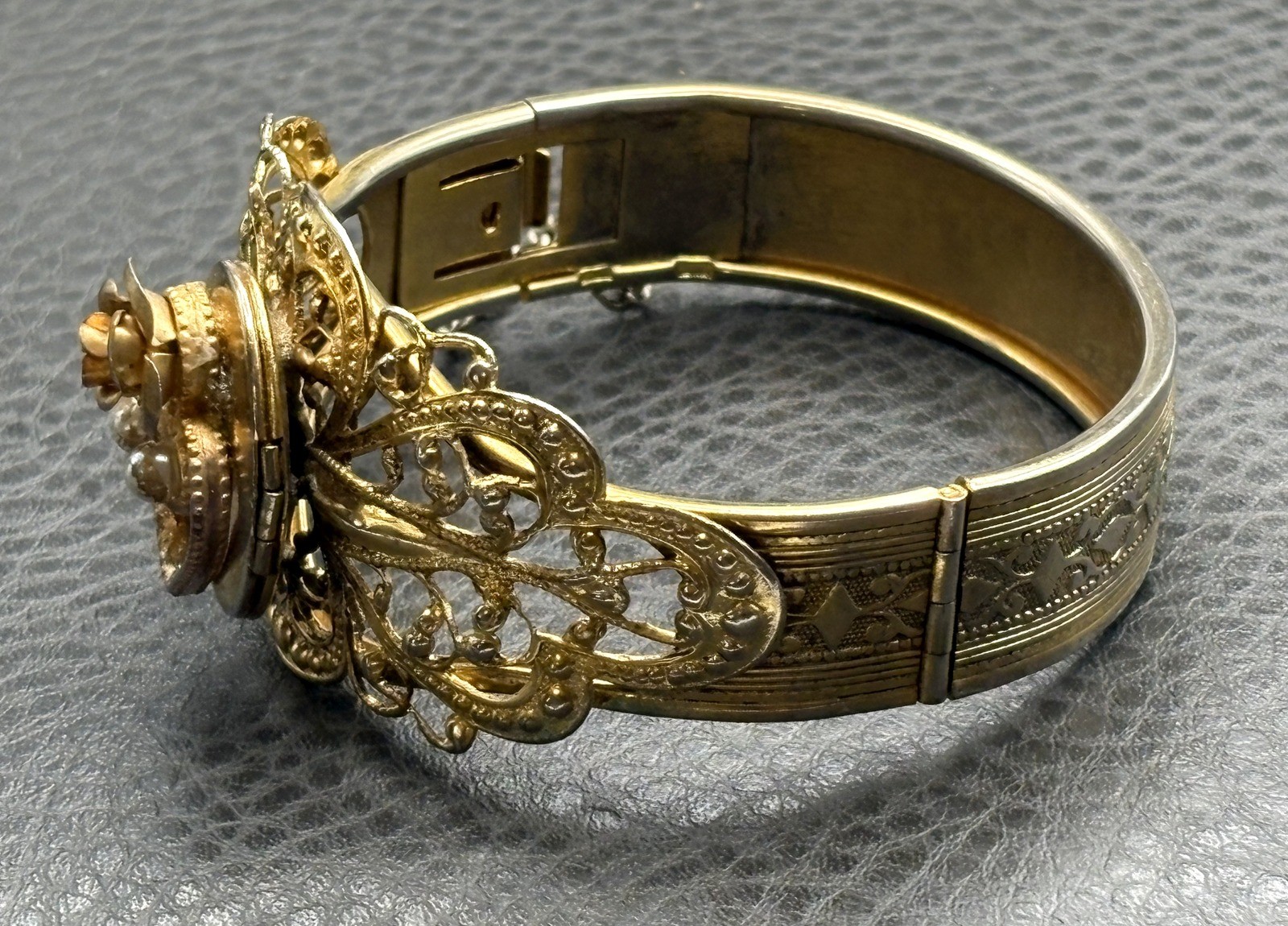 Vintage Gold Tone Filigree Bangle Bracelet Pearl Accents Rose Motif Hinged