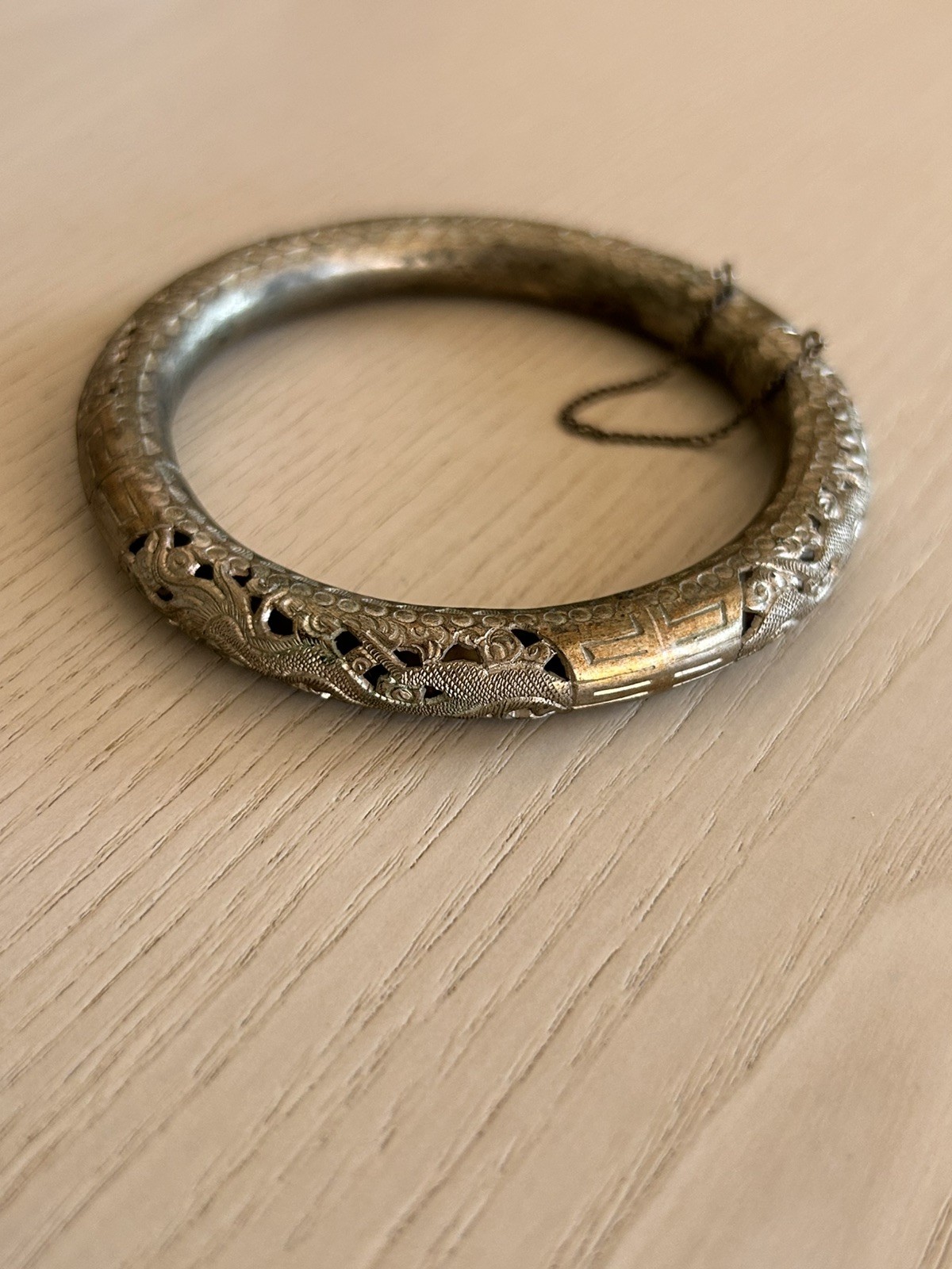 Antique Saigon Argent Dragon Silver Hinged Bangle Bracelet 1920s Art Deco
