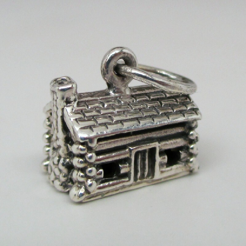 Sterling Silver LOG CABIN Charm for Bracelet PENDANT Brown County VINTAGE Cute!