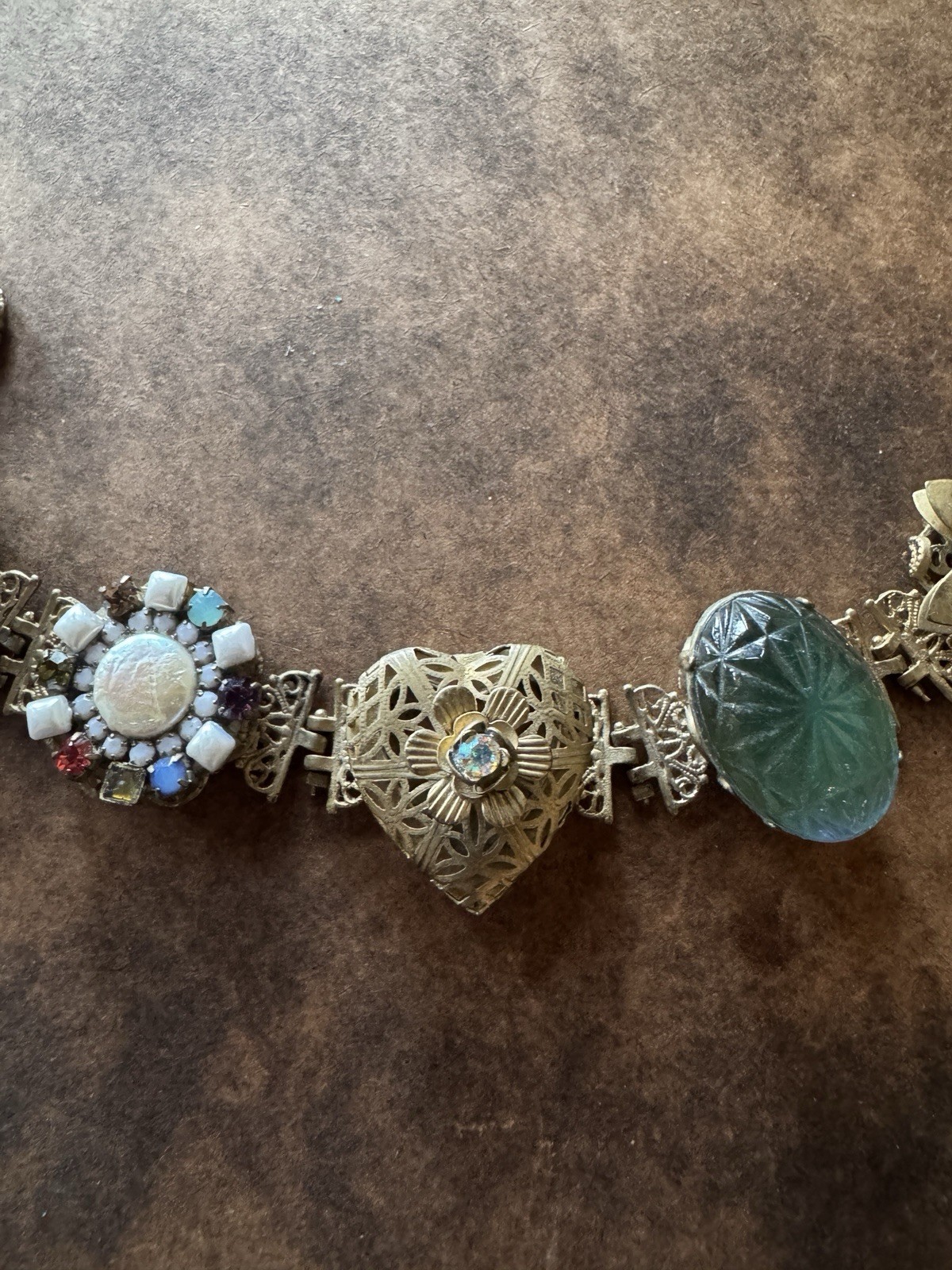 Vintage Semi Precious Stones and Heart Locket Gold Tone Bracelet