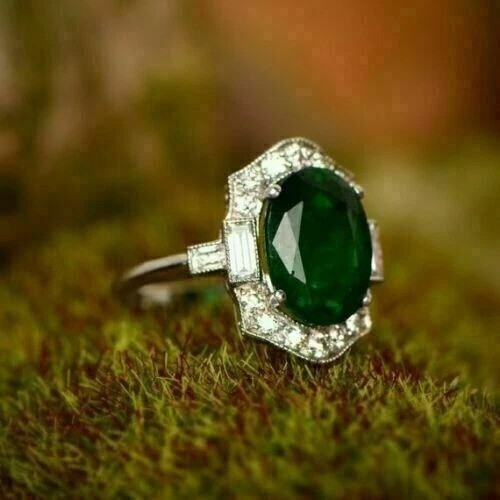 3Ct Art Deco Style Lab Created Emerald & Diamond Wedding 14K White Gold FN Ring