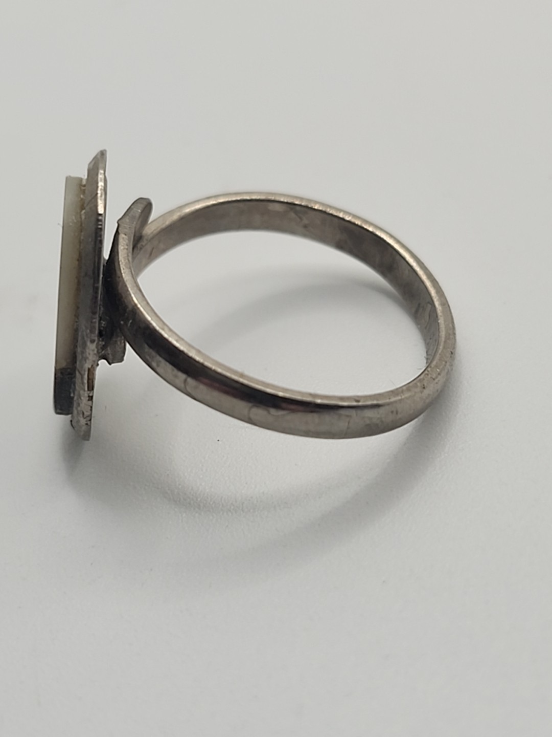 Stainless Steel Ring Inlaid Sail Boat Water Birds Vintage Mother of Pearl