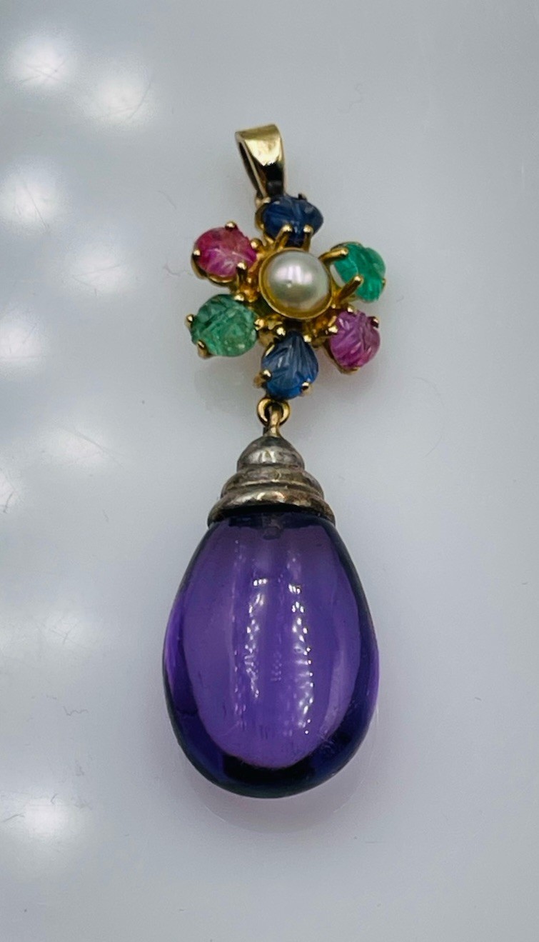 Vintage 18k Gold & Sterling Tutti Frutti Sapphire Emerald Ruby Amethyst Pendant