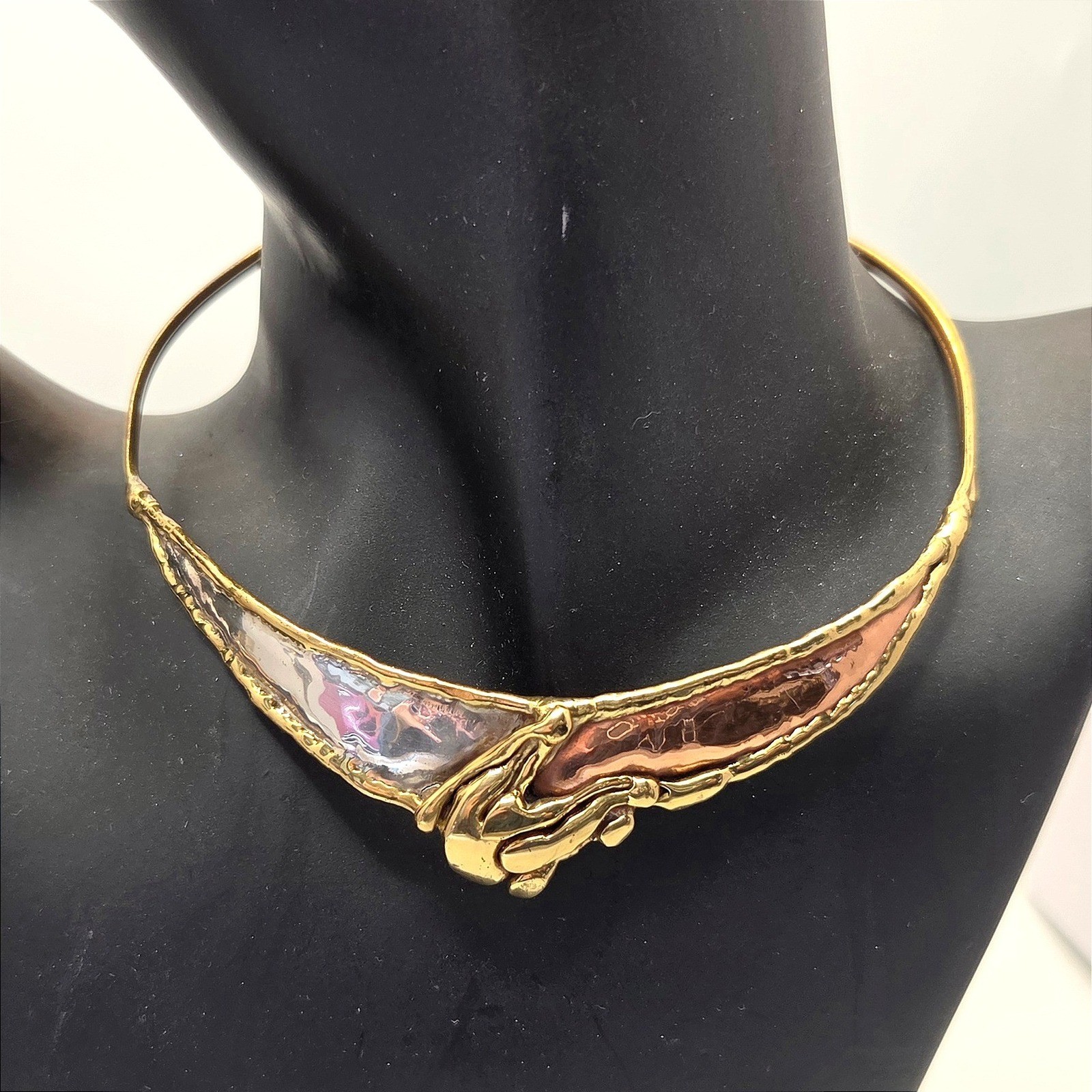 Vintage Brutalist Mixed Metal Jewelry Set Necklace Cuff Bracelet Earrings J1057