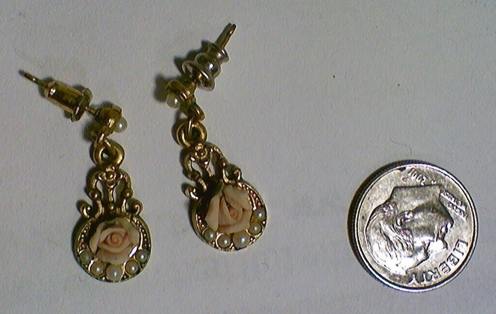 1928 Gold Tone Nickel Free Porcelain Pink Rose Pierced Earrings. Style #24738
