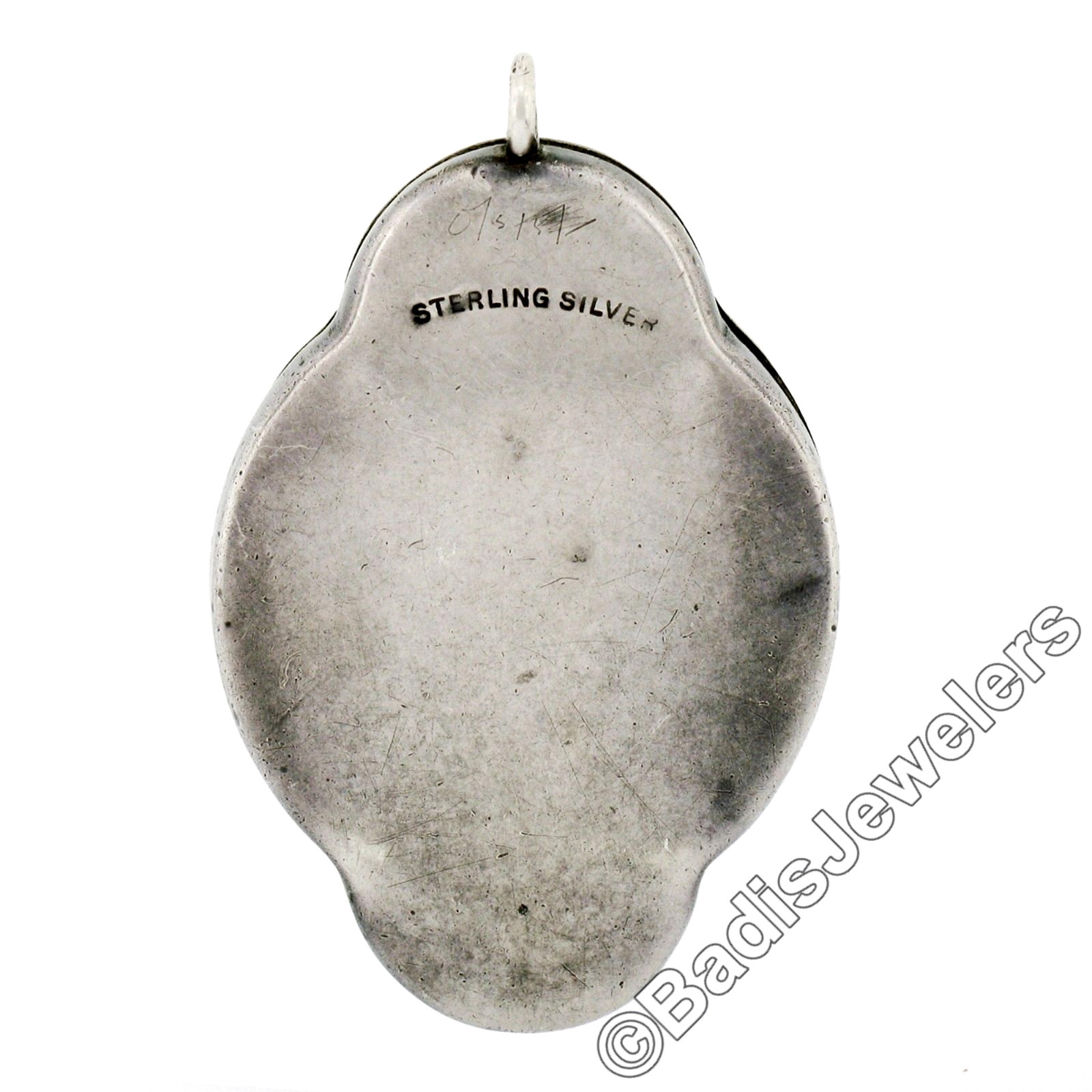 Antique .925 Sterling Silver Enamel Bird Mother of Pearl Quatrefoil Pendant RARE