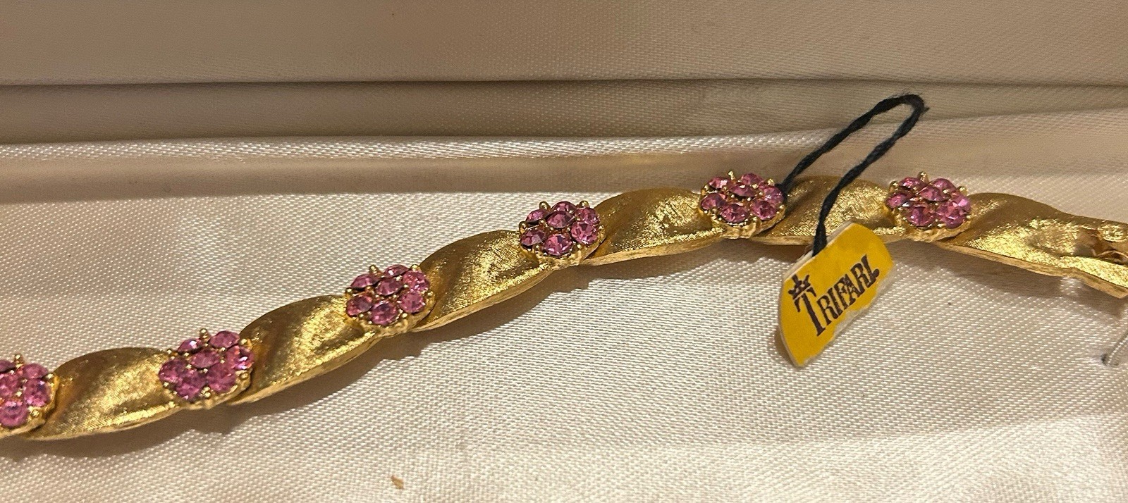 NWT Original Box Crown Trifari October Birthday Gold Ribbon Pink Stone Bracelet