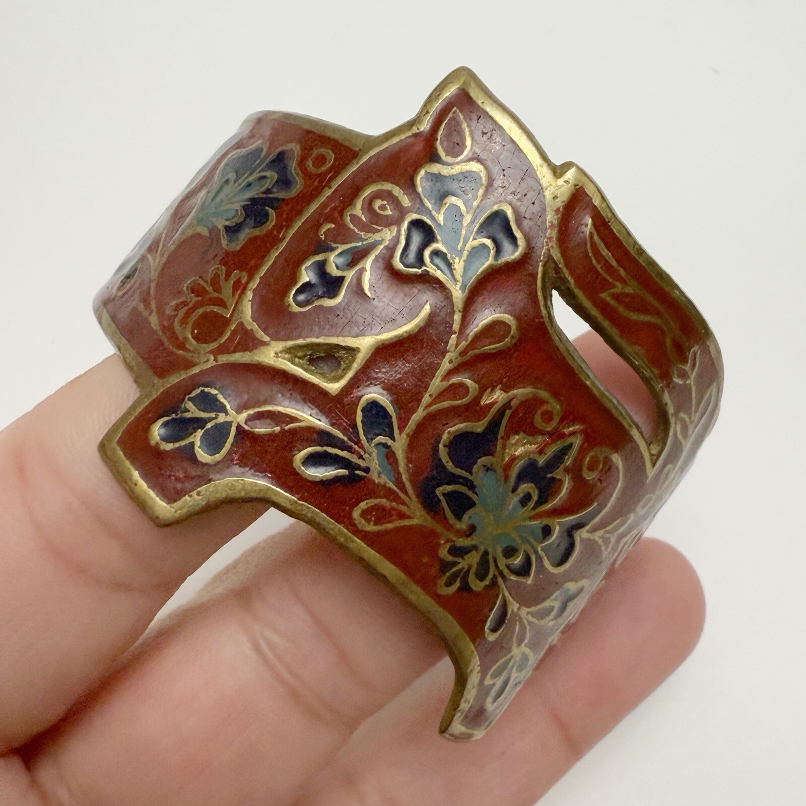 Vintage Horse Floral Red Enamel Brass Cuff Bracelet Made in India