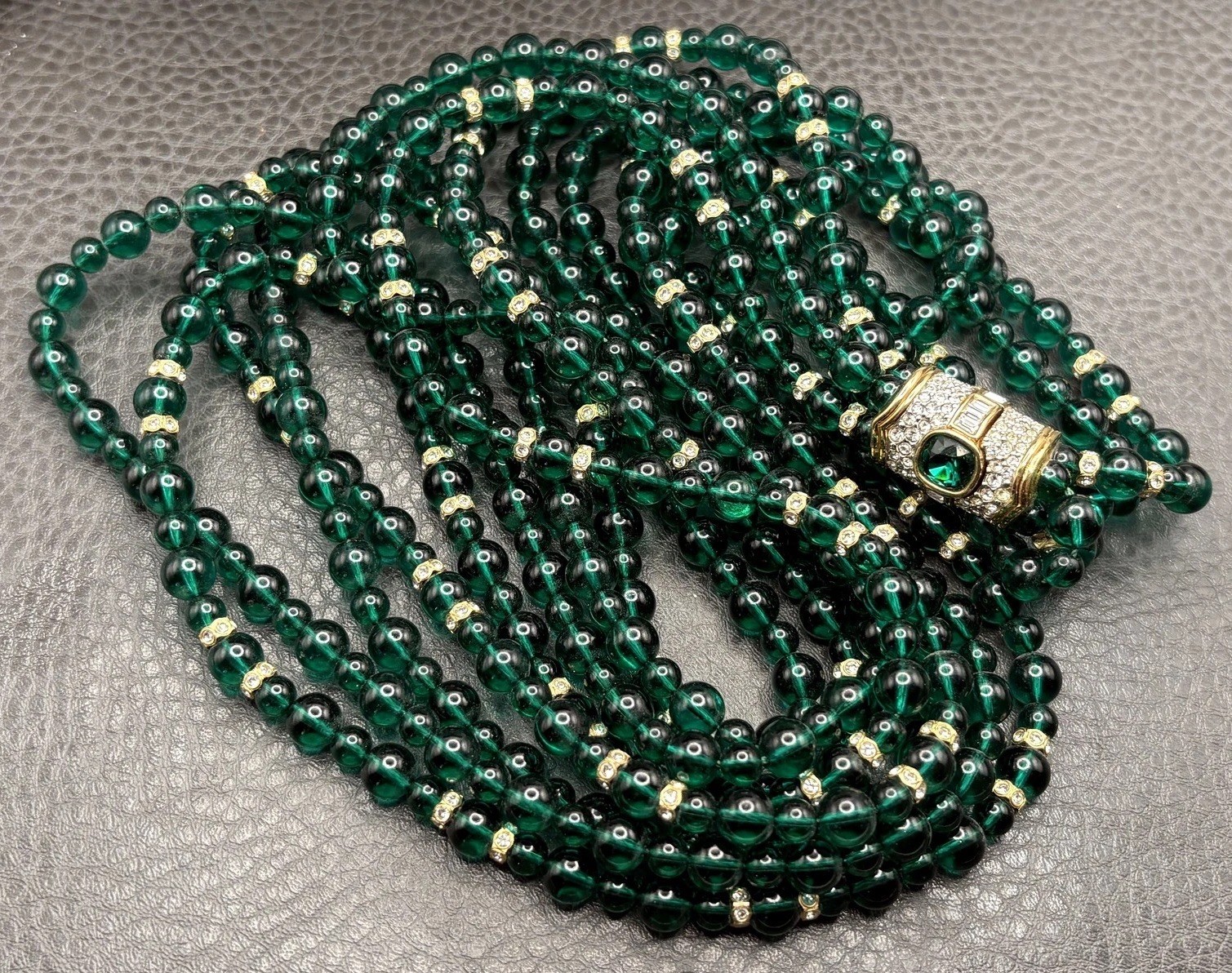 RARE SWAROVSKI VTG Multi Strand Green Crystal Glass Beaded Mogul Necklace 36”