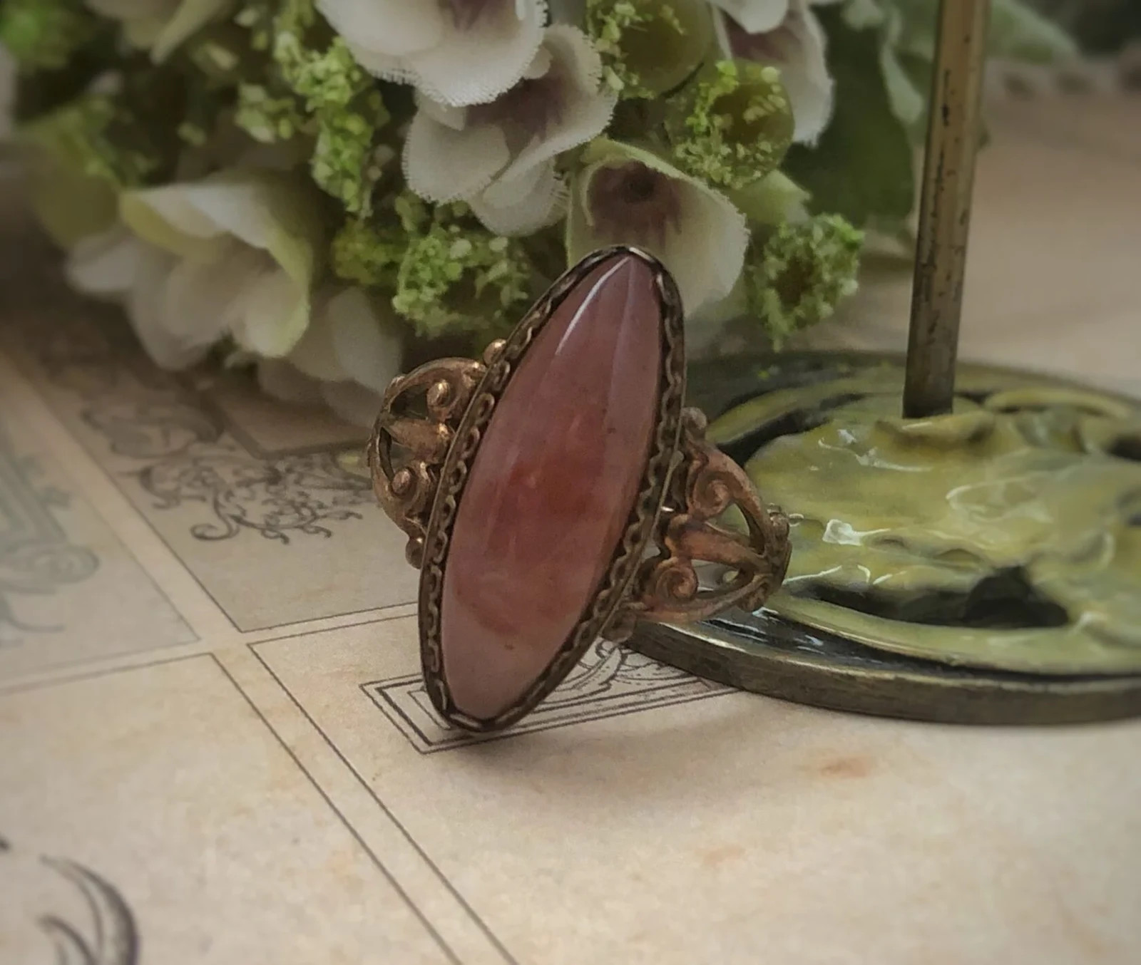 Estate Jewelry Marquise Ring Rare Vintage Soviet Agate Silver 875 USSR Size 10.5