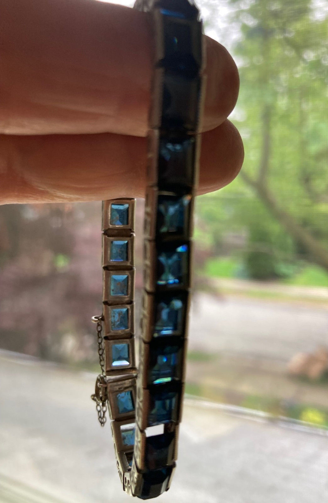 BLUE Rhinestone STERLING SILVER Art Deco, FRANCE, ANTIQUE BANGLE BRACELET