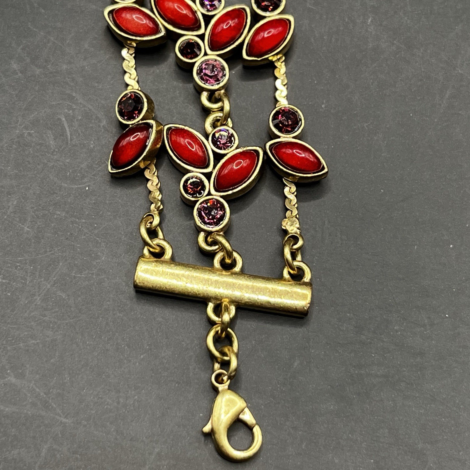 Pilgrim Danish Design Red Gold Tone W Purple Rhinestones Floral Choker Necklace