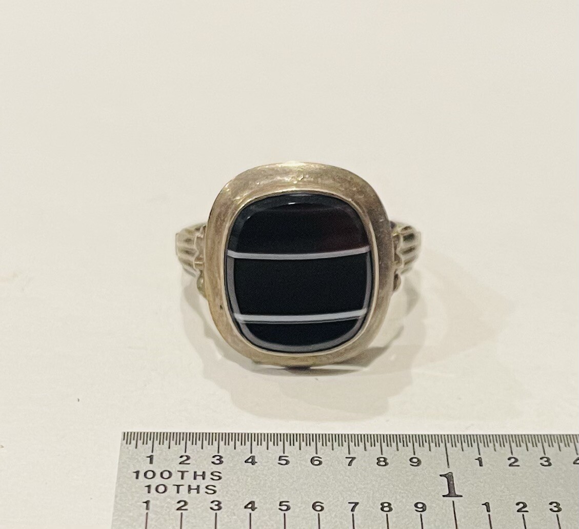 Antique 835 Silver Egyptian Revival Banded Agate Ring Sz 7.5