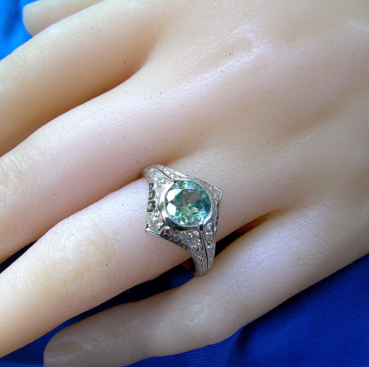NATURAL EARTH MINED Blue Zircon DIAMOND PLATINUM ORIGINAL DECO Engagement Ring 8