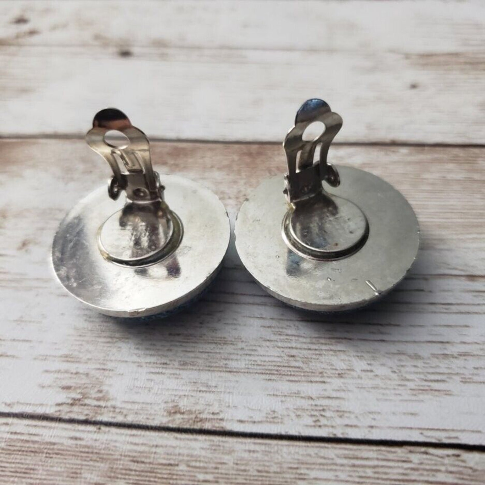 Vintage Clip On Earrings Blue Demin? Circle Silver Tone Button Style 1 & 1/8″
