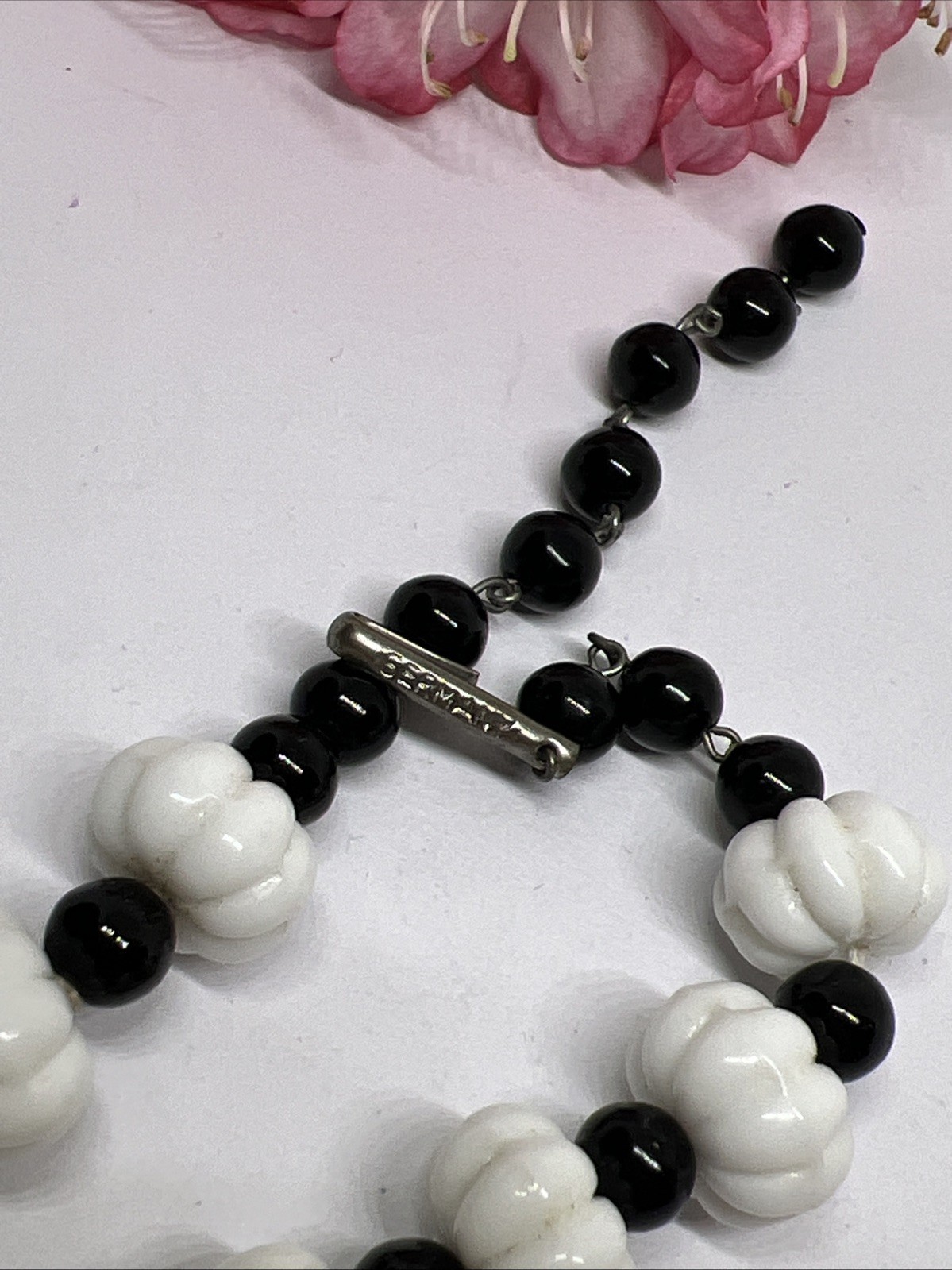 Signed GERMANY Mid-Century Milk Glass & Jet Black Bead Choker 16” Necklace