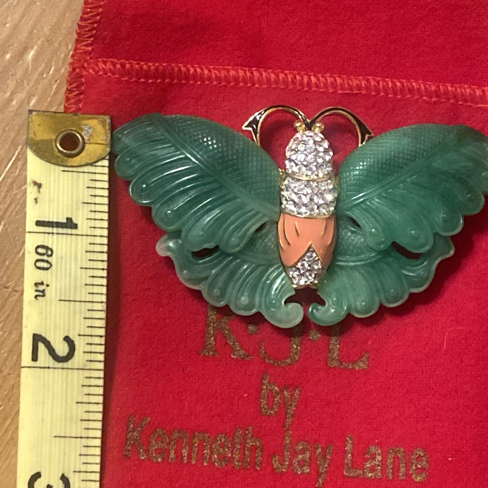 PreownedKJL Kenneth Lane Butterfly Moth Brooch Pin Vintage Faux Jade Rhinestone