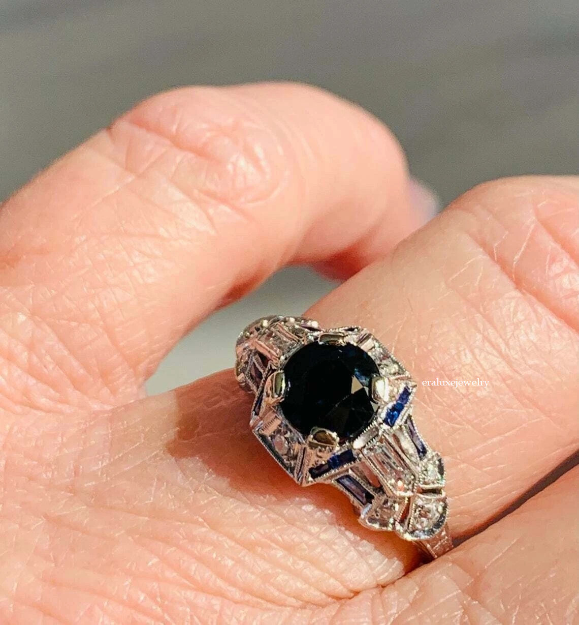 Art Deco Style Lab Created Sapphire & Diamond Anniversary 14K White Gold FN Ring