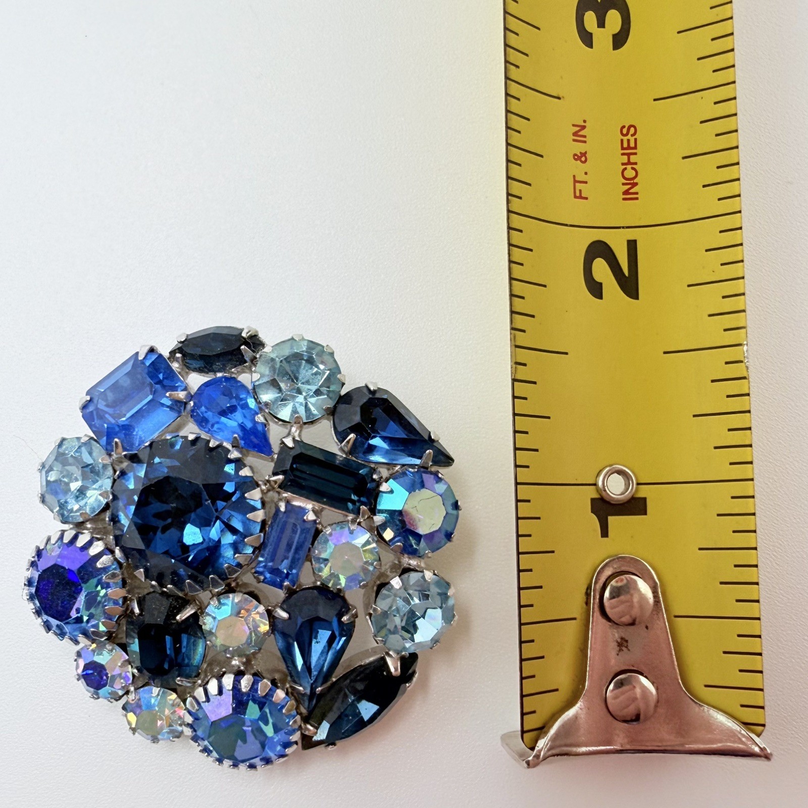 Signed Weiss Blue Aurora Borealis Rhinestones Brooch Pin Embellished Prong Set