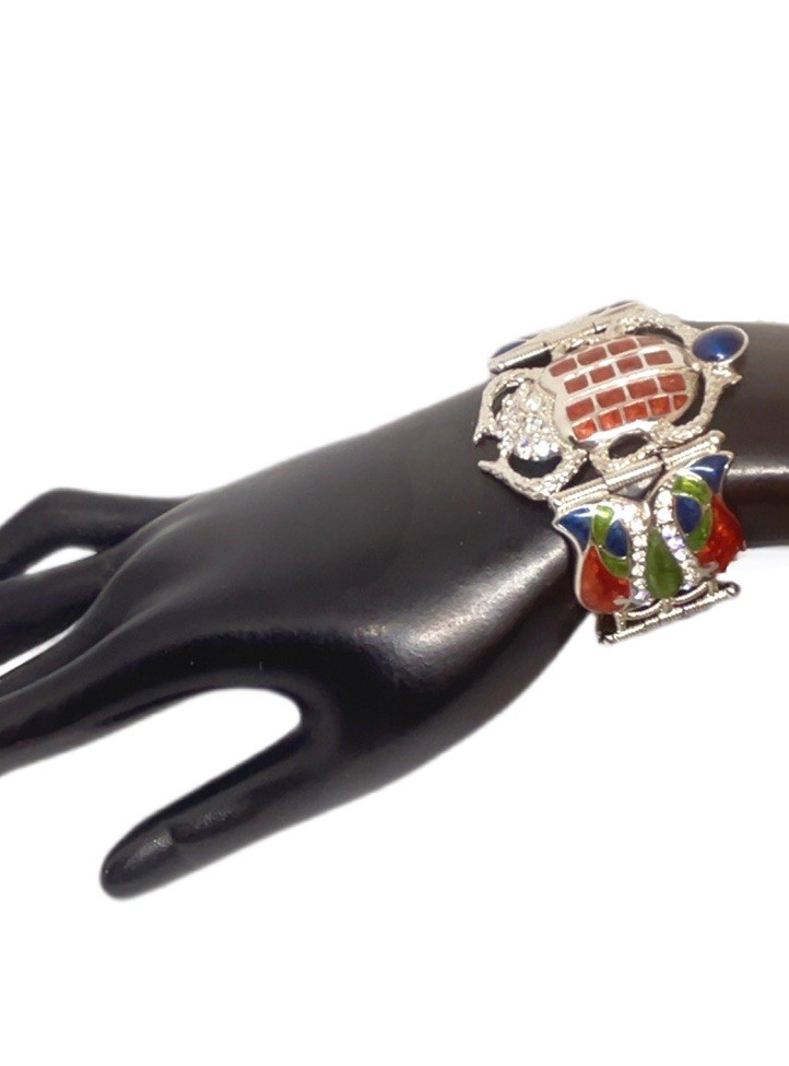 Vintage Signed EDGAR BEREBI Cleopatra Scarab Enamel & Crystal Link Bracelet 7.5”