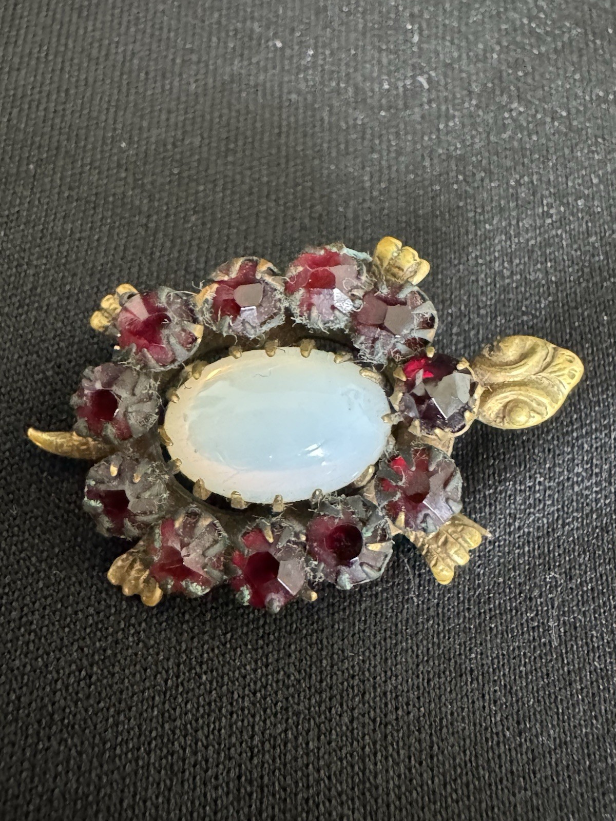Antique Victorian Turtle Pin With Garnet Opaline Glass Gold Tone C Clasp 1” Cute