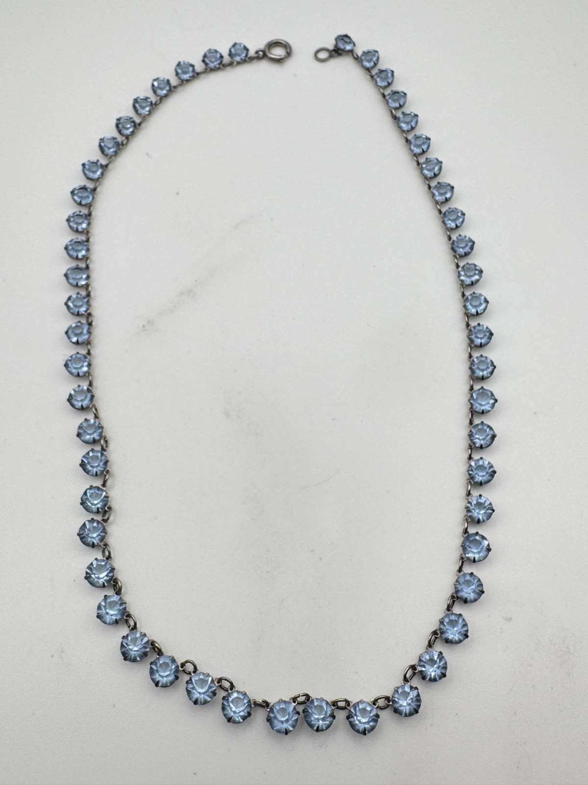 Vtg Sterling Silver Necklace Light Blue Glass Paste Riviere Open Bezel Collet