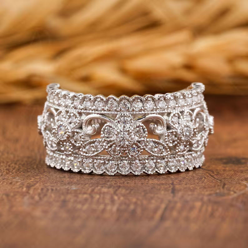 14K Gold Plated 925 Silver Moissanite Floral Band Engagement & Anniversary Ring