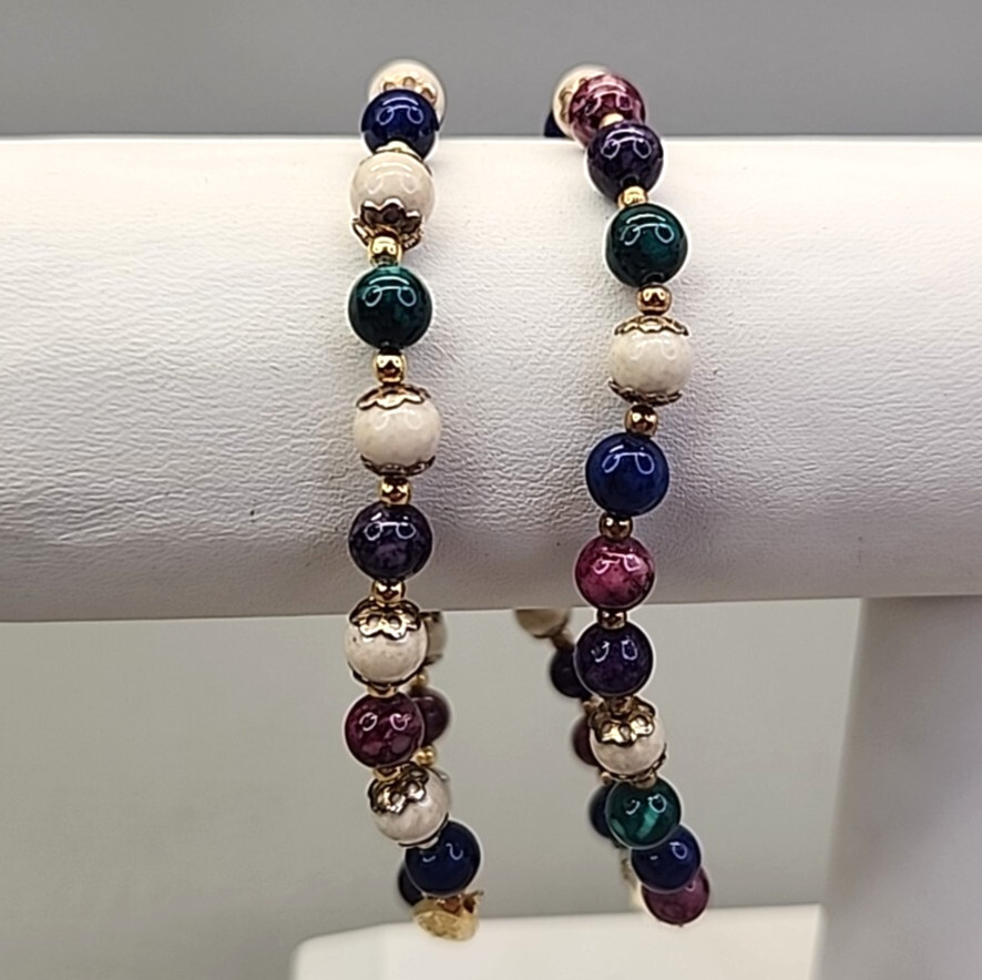 Glass Beaded Bracelet Lot of 2 Multicolor Green Blue Purple 8″