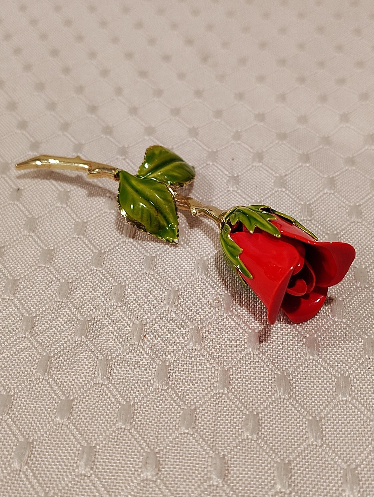 Vintage Enamel Red Rosebud Gold Stem Green Leaves Brooch Pin 3″ Long