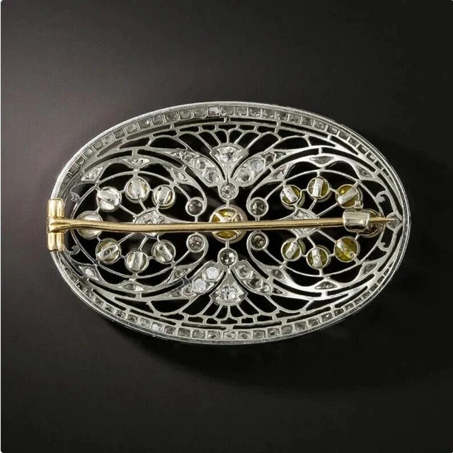 Natural White Pearl 2.3Ct Round Cut Art Deco Brooch Pin 14K Two Tone Gold Plated