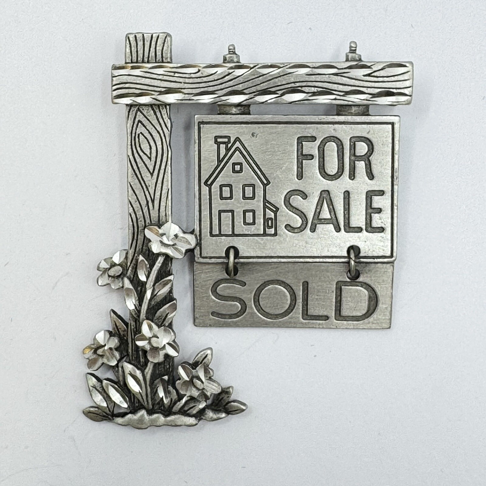 JJ Jonette Realtor For Sale Sold Sign Silvertone Brooch Pin