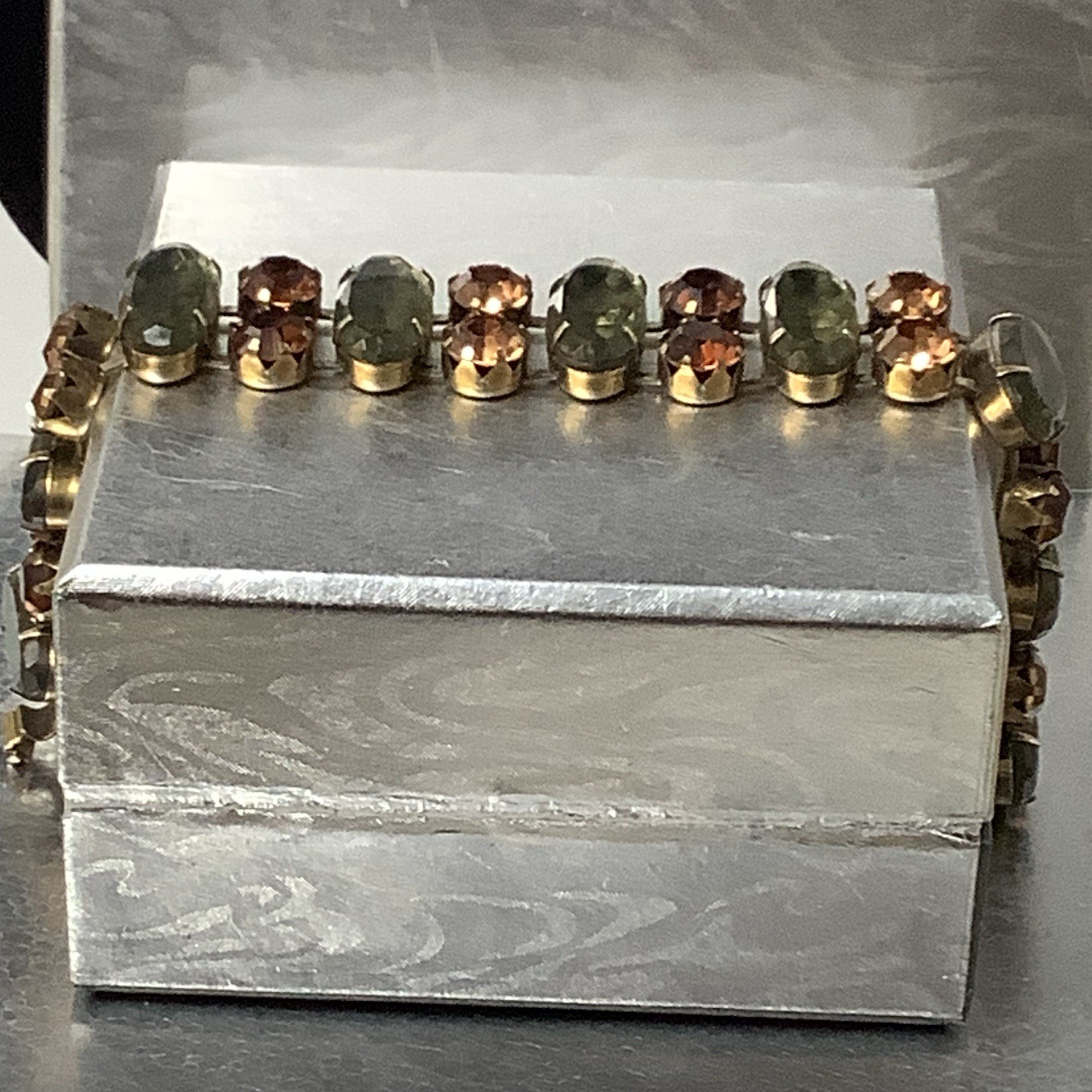 Vintage Signed Regency Golden Brown and Sage Green Crystal Bracelet 7″