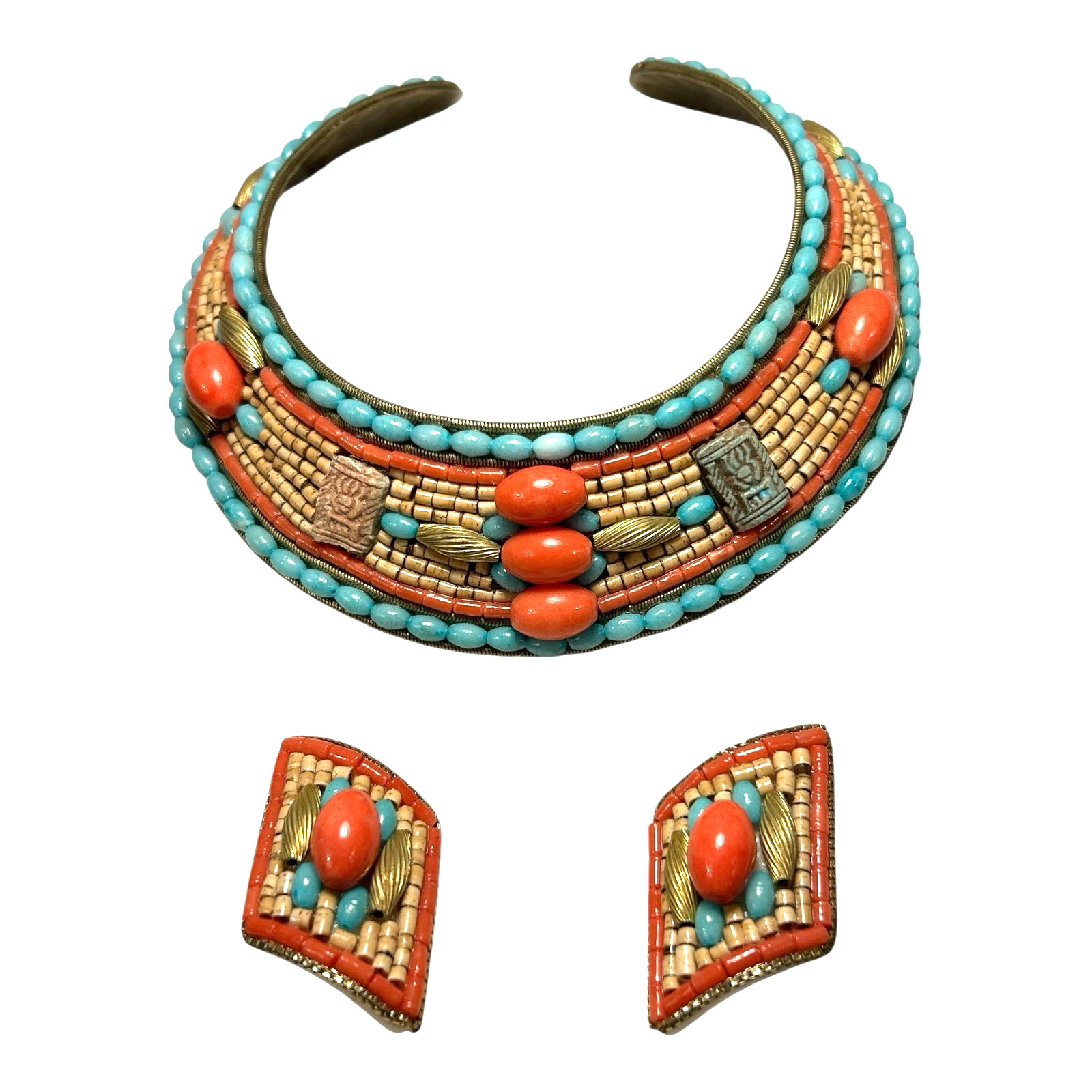 Vintage Egyptian Revival Turquoise Coral Collar Necklace & Earrings – MJ Hansen
