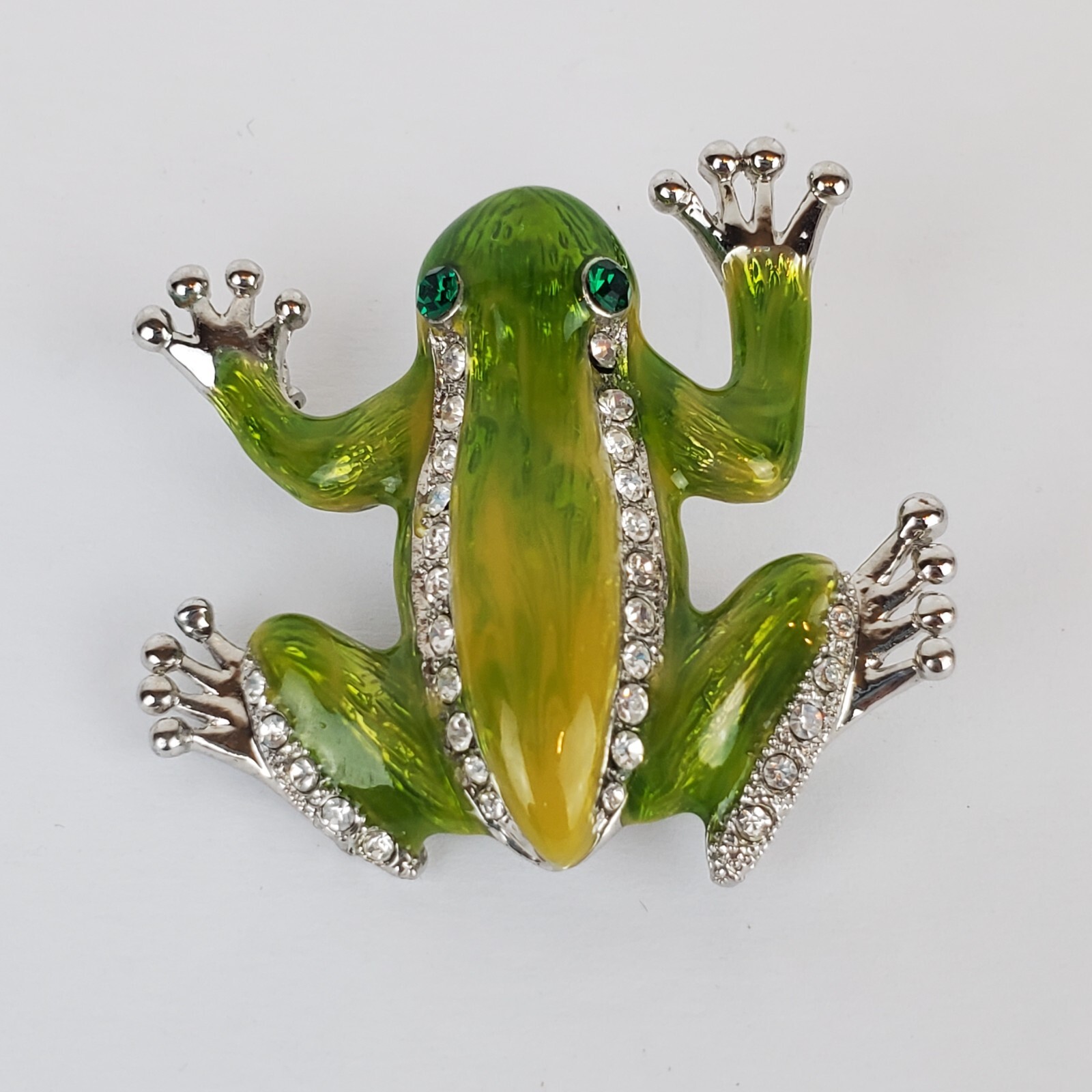 Silver Tone Green Yellow Enamel Clear Green Rhinestones Tree Frog Pin Brooch