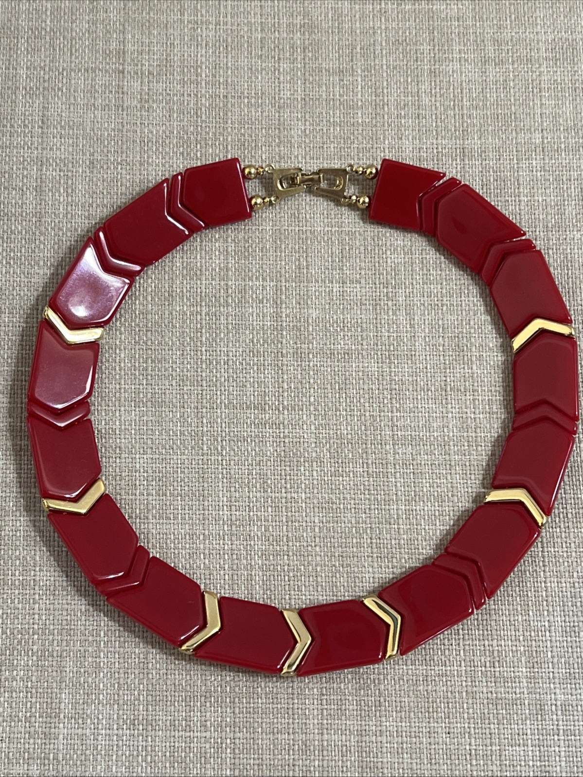 Vintage Red Acrylic Lucite Plastic Choker Collar Red Chevron Gold Necklace Fold