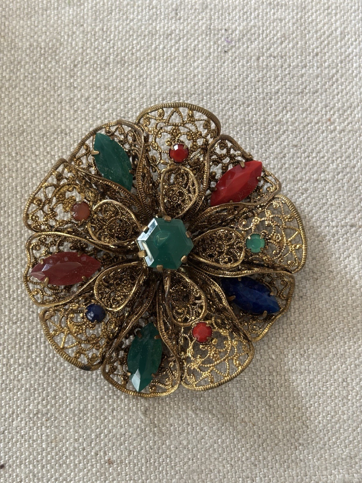 Vintage Czechoslovakia Prong Set Red Blue Green Yellow Crystal Filigree Brooch