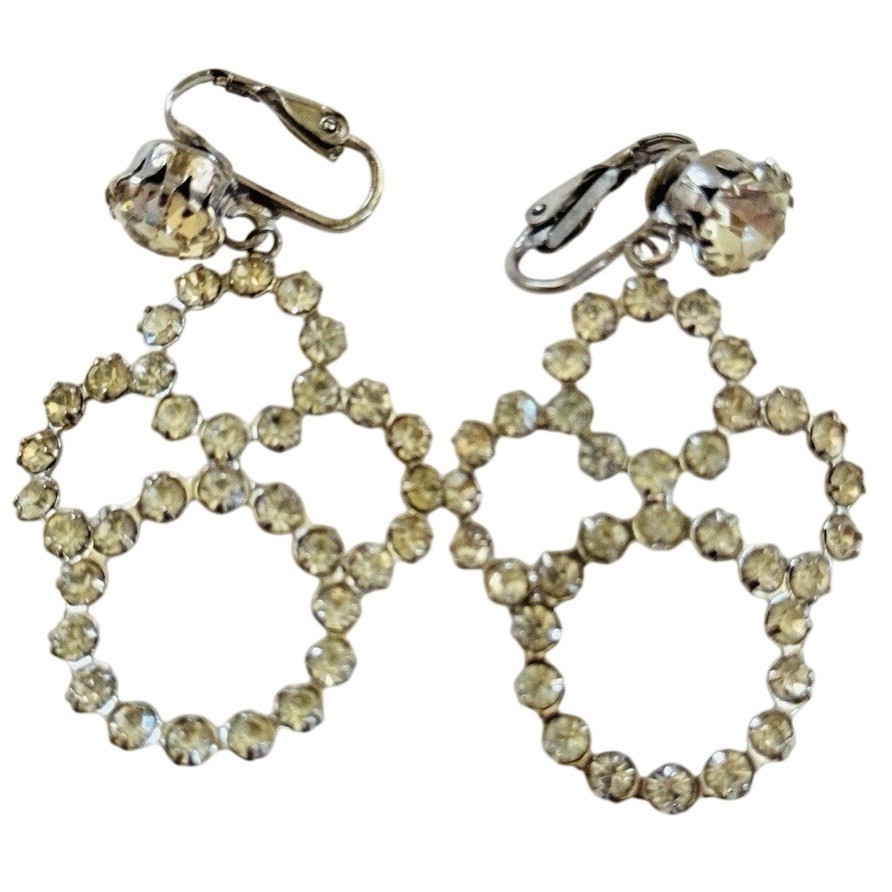 Jeweled art deco Earrings VTG Clip Austrian Crystal Rhinestone Sparkly Dangle 2″