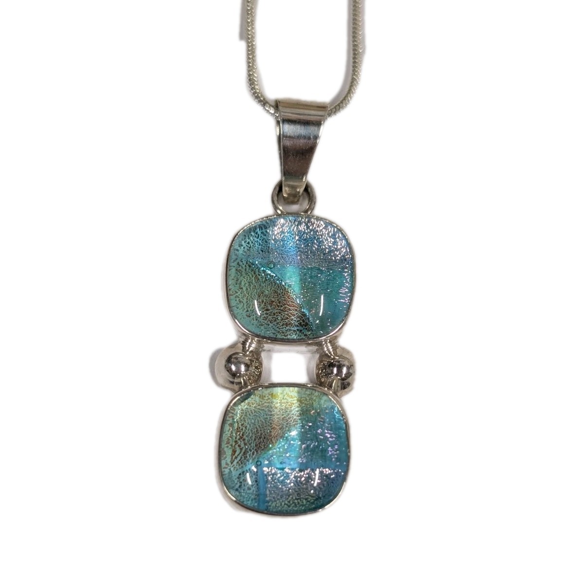 Vintage Sterling Silver Blue Dichroic Glass Pendant 1990s Handmade In Mexico