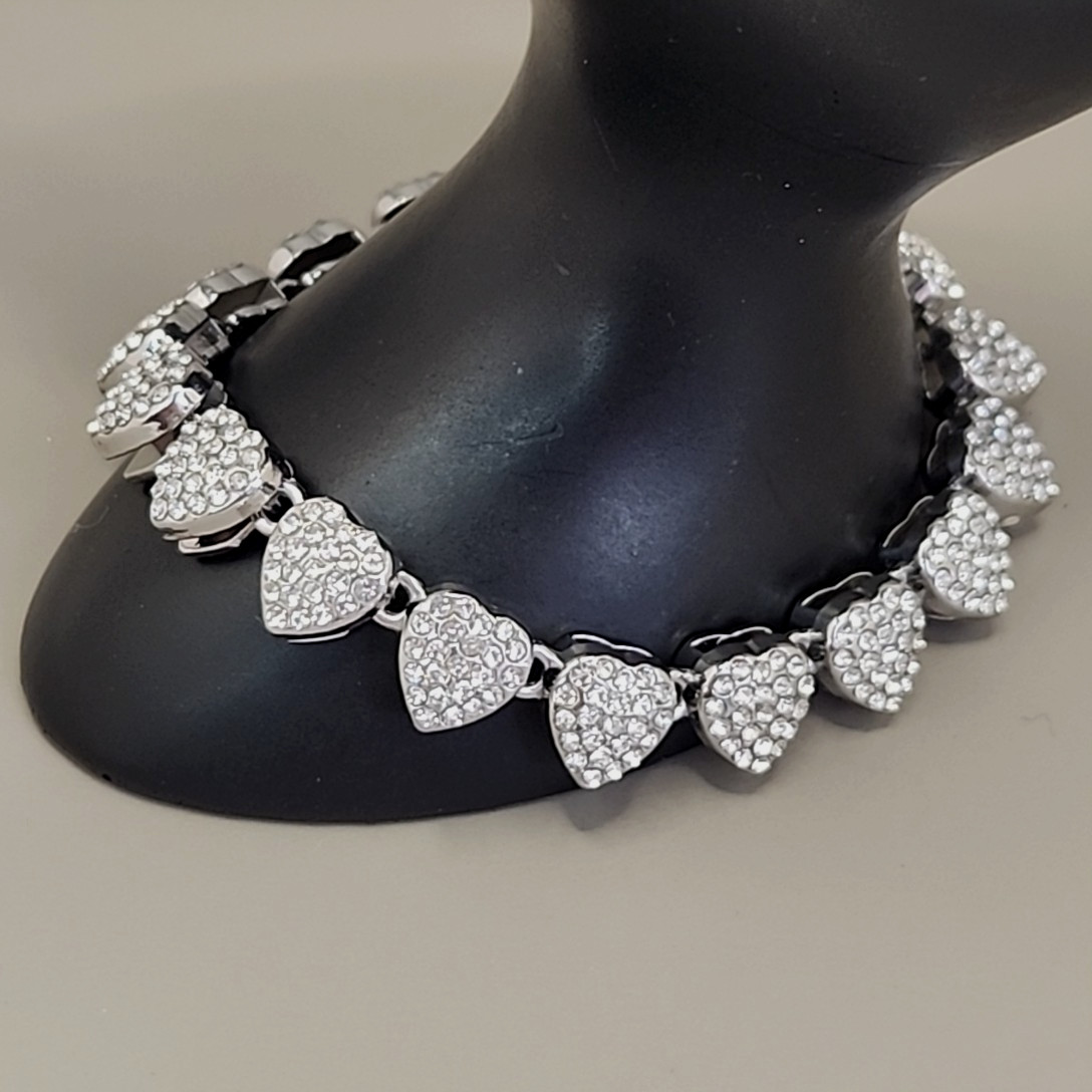 Vintage Heart Bracelet Pave Clear Rhinestones Silver Tone Linked 7.25″