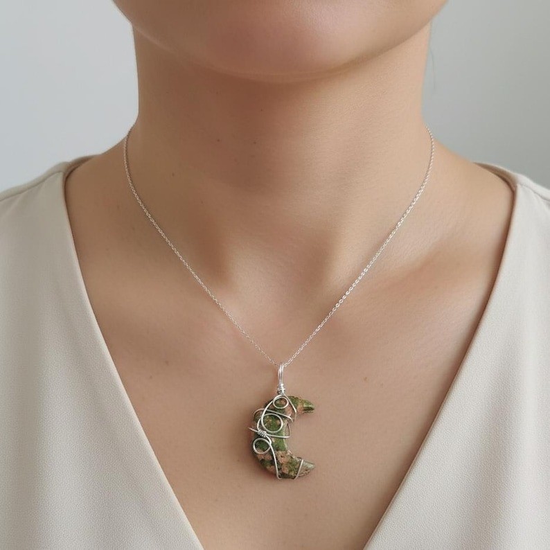 Unakite Pendant Necklace, Handmade Wire Wrapped Green Pink Stone Charm