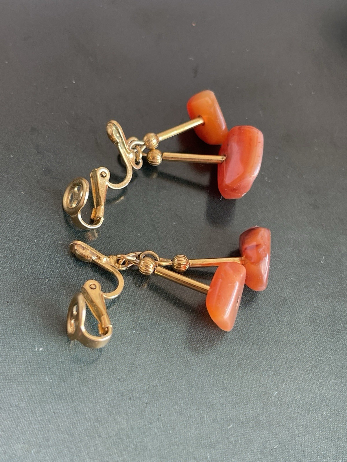 Vintage signed Trifari red bead dangle slip-on earrings gold tone