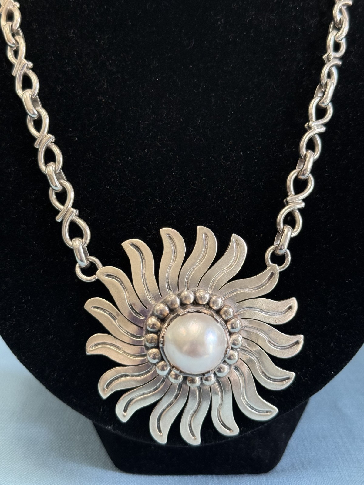 TAXCO MEXICO LPV VTG STERLING SUNFLOWER MABE PEARL BOLD STATEMENT NECKLACE 123g