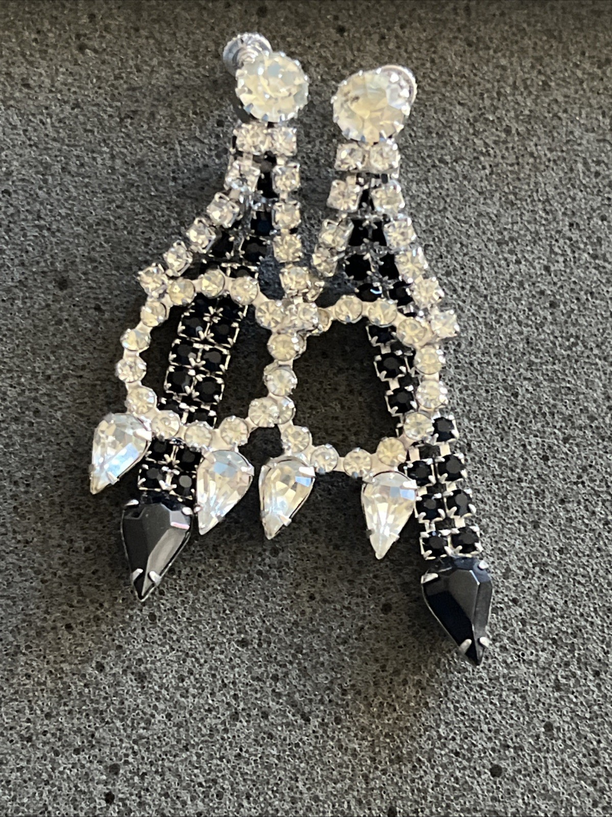 Vintage Signed HOBE Dangle Clear & Black Rhinestone Earrings Costume Jewelry