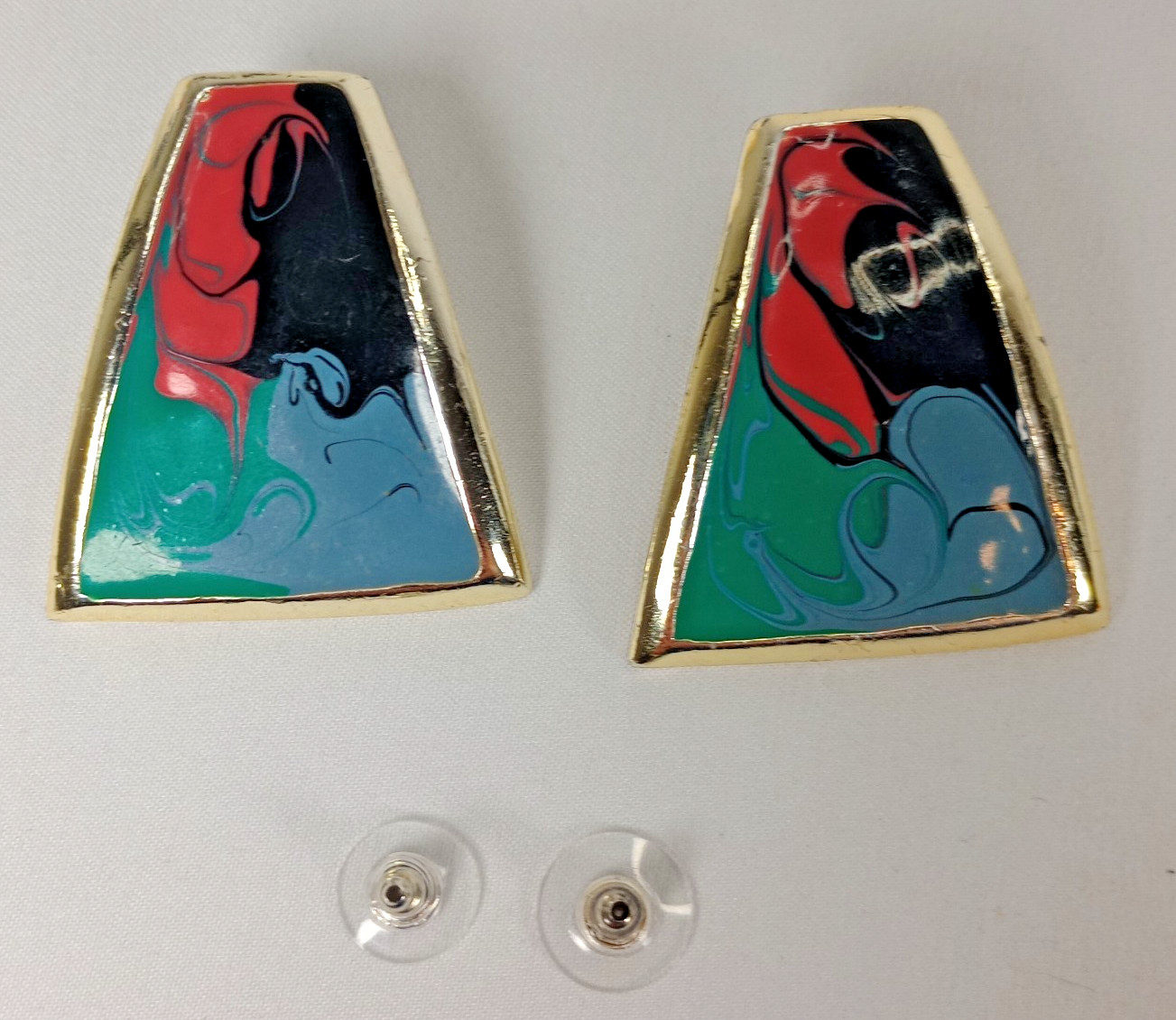 Vintage Silver Tone Abstract Enamel Stud Earrings Green Coral Black 1.5″