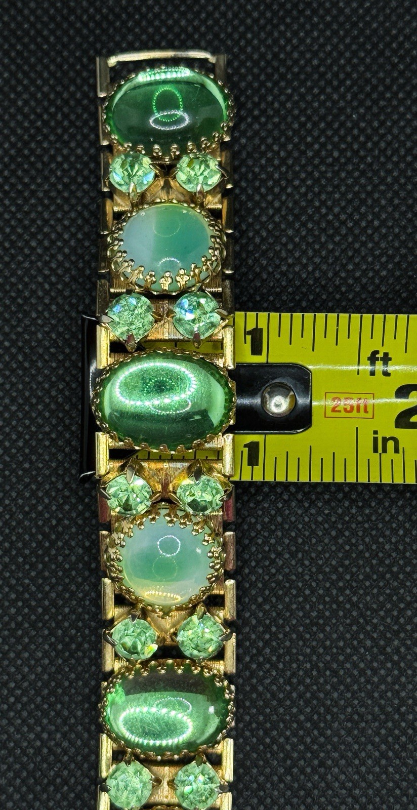 Vtg Green Oval Cabochon Bracelet Round Lt Green Rhinestones Glow Under UV Gold